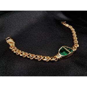 Vintage SWAROVSKI SAL Gold-Tone Chain Bracelet W/ Green Gemstone